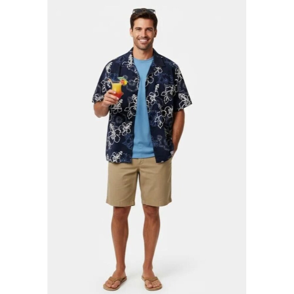 Ocean Current Navy Floral Hawaiian Button Front Short Sleeve Shirt Men's Large